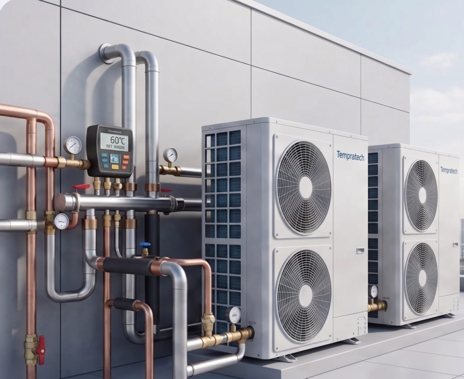 Two Tempratech heat-pump units on a rooftop, connected to insulated flow and return pipework