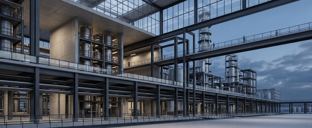 A multi-level process plant at dusk, distillation columns behind steel walkways