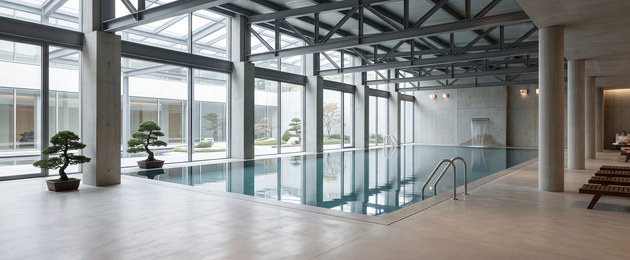 An indoor swimming pool in a daylit hall, loungers along one side